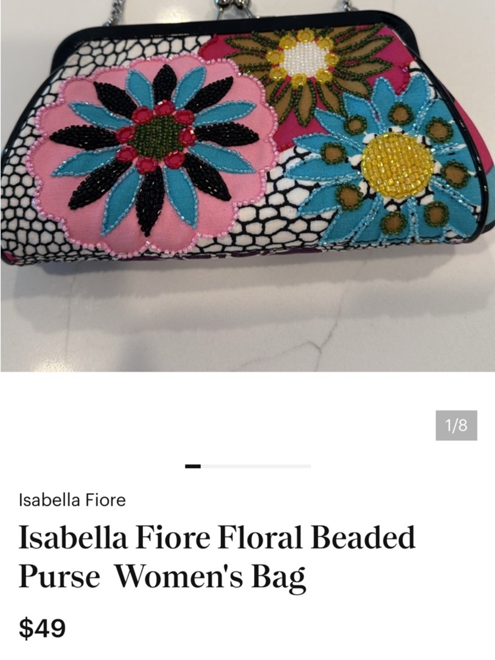 Isabella Fiore Pink Floral Embroidered and bedazzled Clutch with silver Chain - Picture 13 of 13